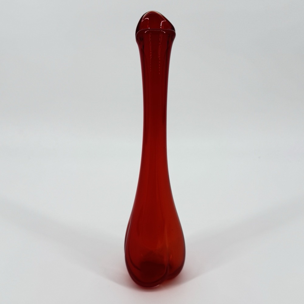 Vintage Red Orange Art Glass Vase Hand Blown Sculptural Flared Rim 12" Retro